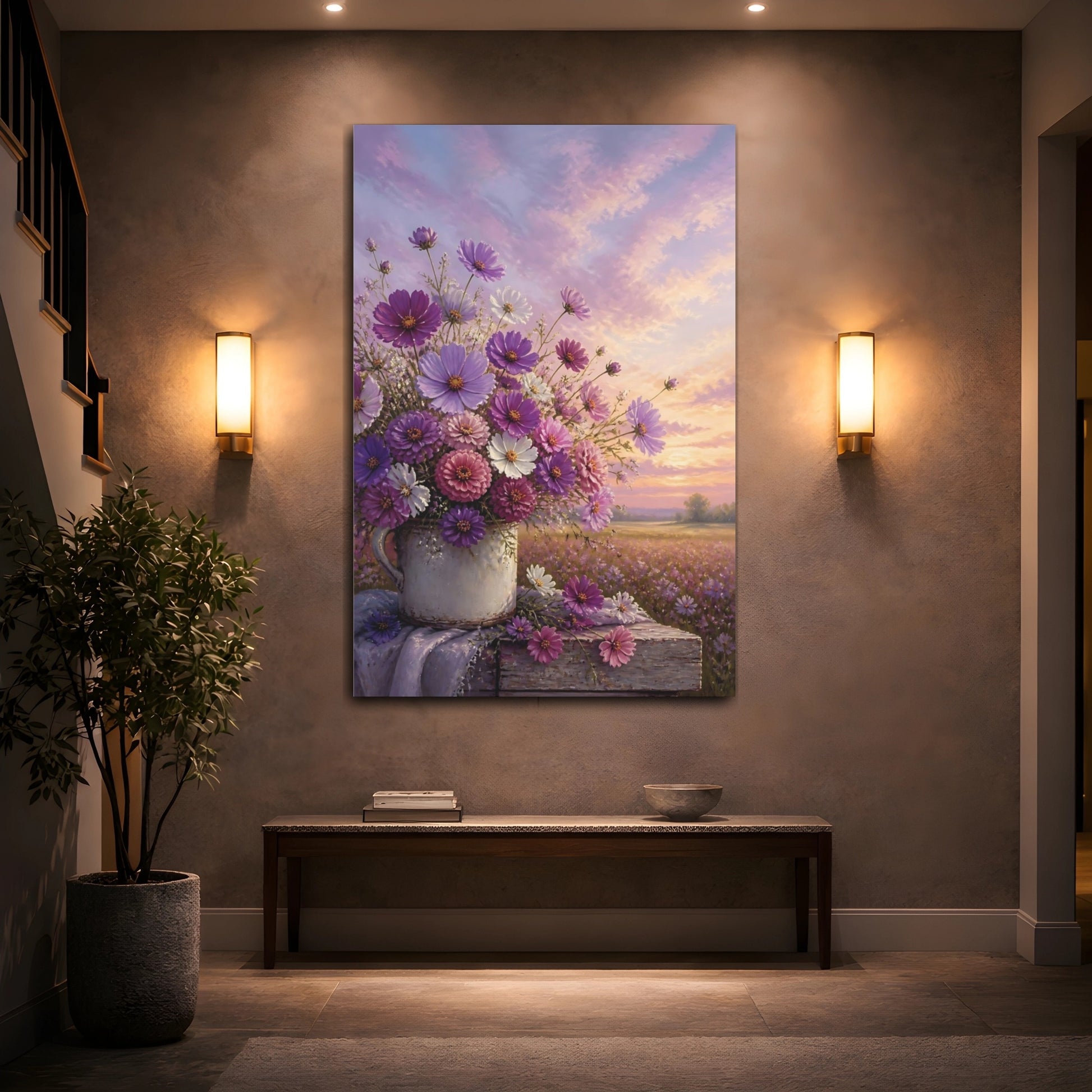 Mockup 2. Floral Flower Bouquet Purple Pink Floral shown as stretched canvas wall art