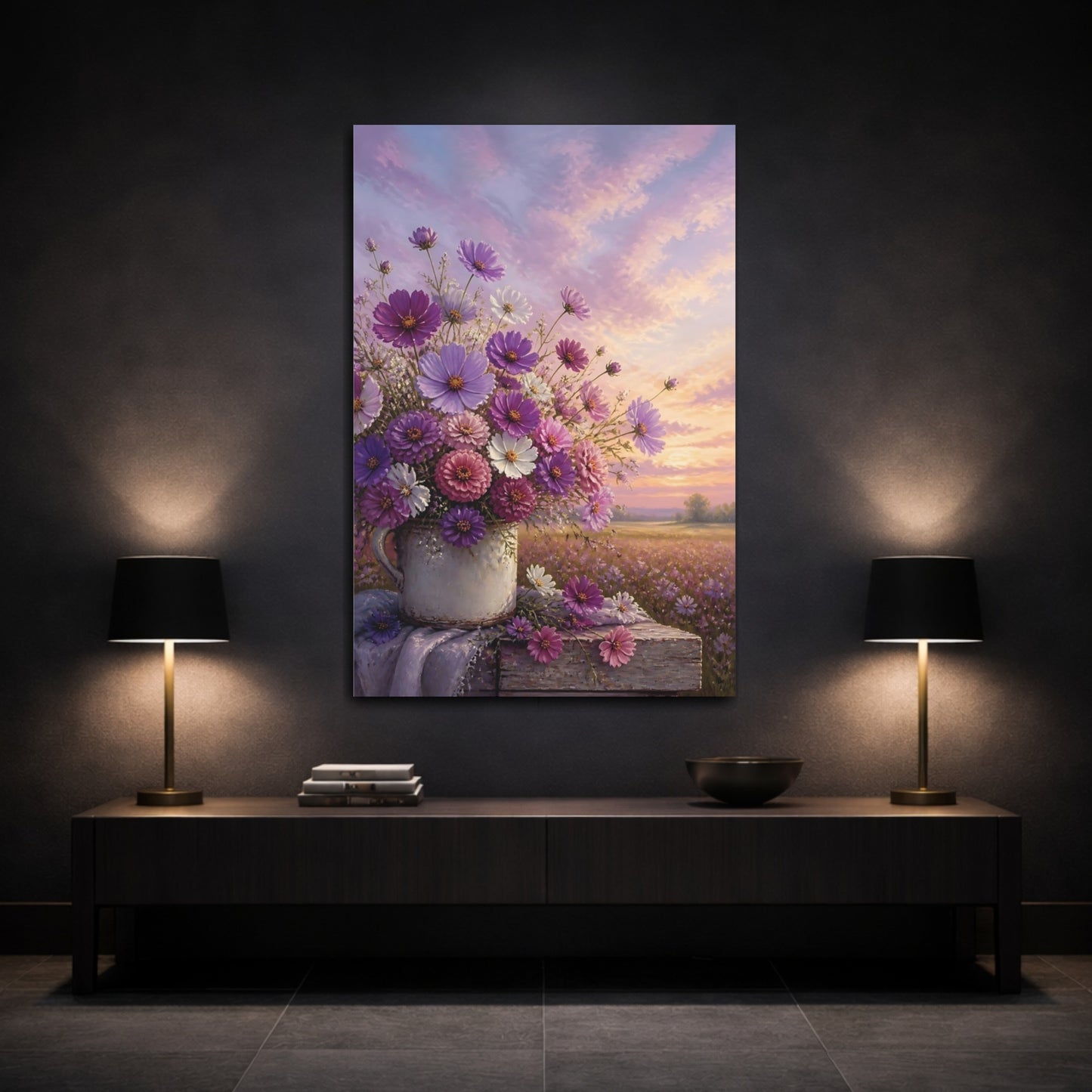 Mockup 3. Floral Flower Bouquet Purple Pink Floral shown as stretched canvas wall art