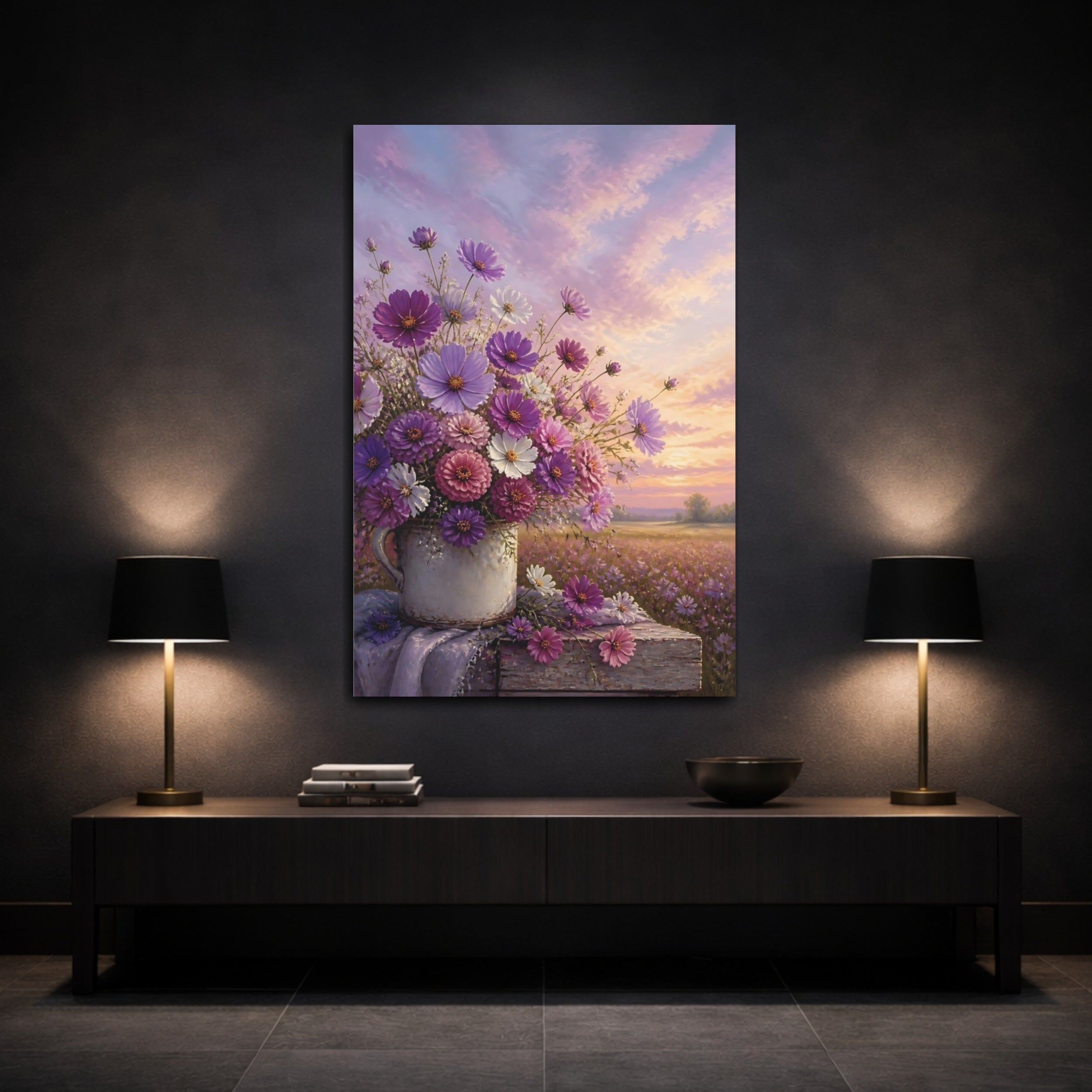 Mockup 3. Floral Flower Bouquet Purple Pink Floral shown as stretched canvas wall art