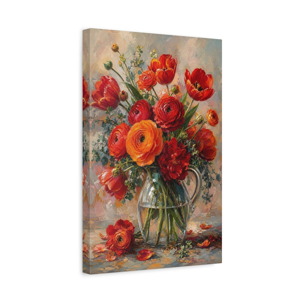 Side Mockup 4. Floral Flower Bouquet Red And Orange Flowers shown as stretched canvas wall art