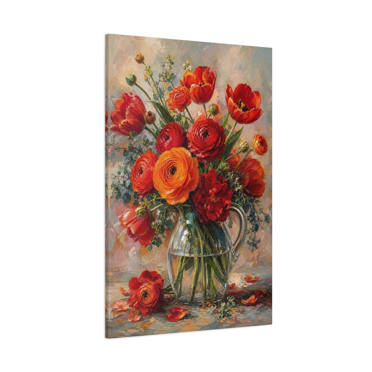Side Mockup 1. Floral Flower Bouquet Red And Orange Flowers shown as stretched canvas wall art