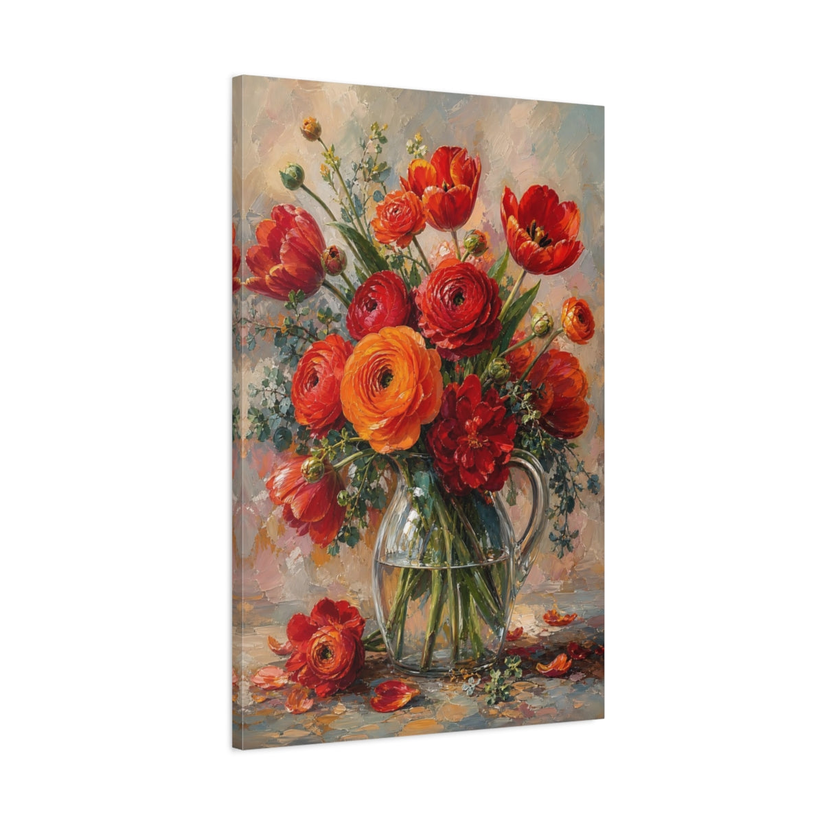 Main Mockup. Floral Flower Bouquet Red And Orange Flowers shown as stretched canvas wall art