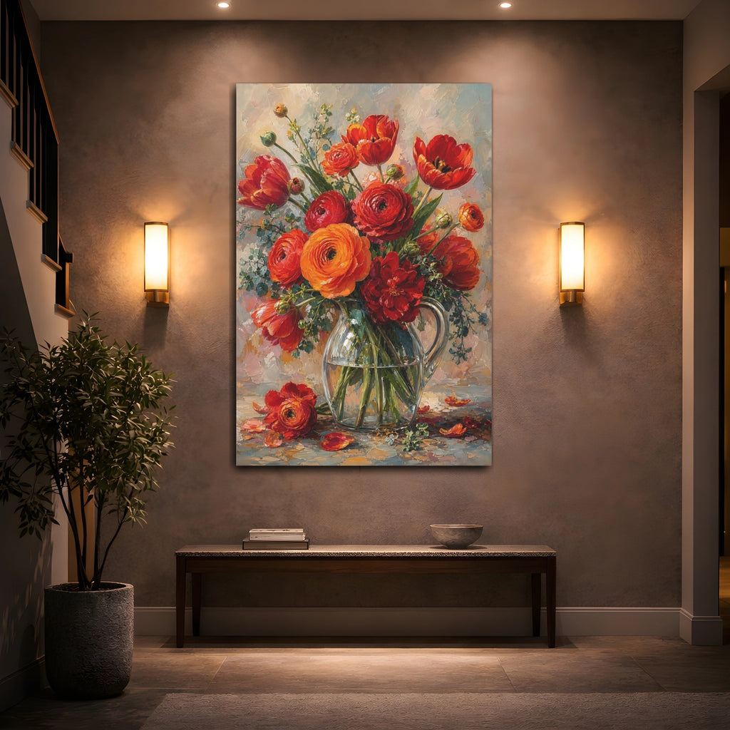 Mockup 2. Floral Flower Bouquet Red And Orange Flowers shown as stretched canvas wall art