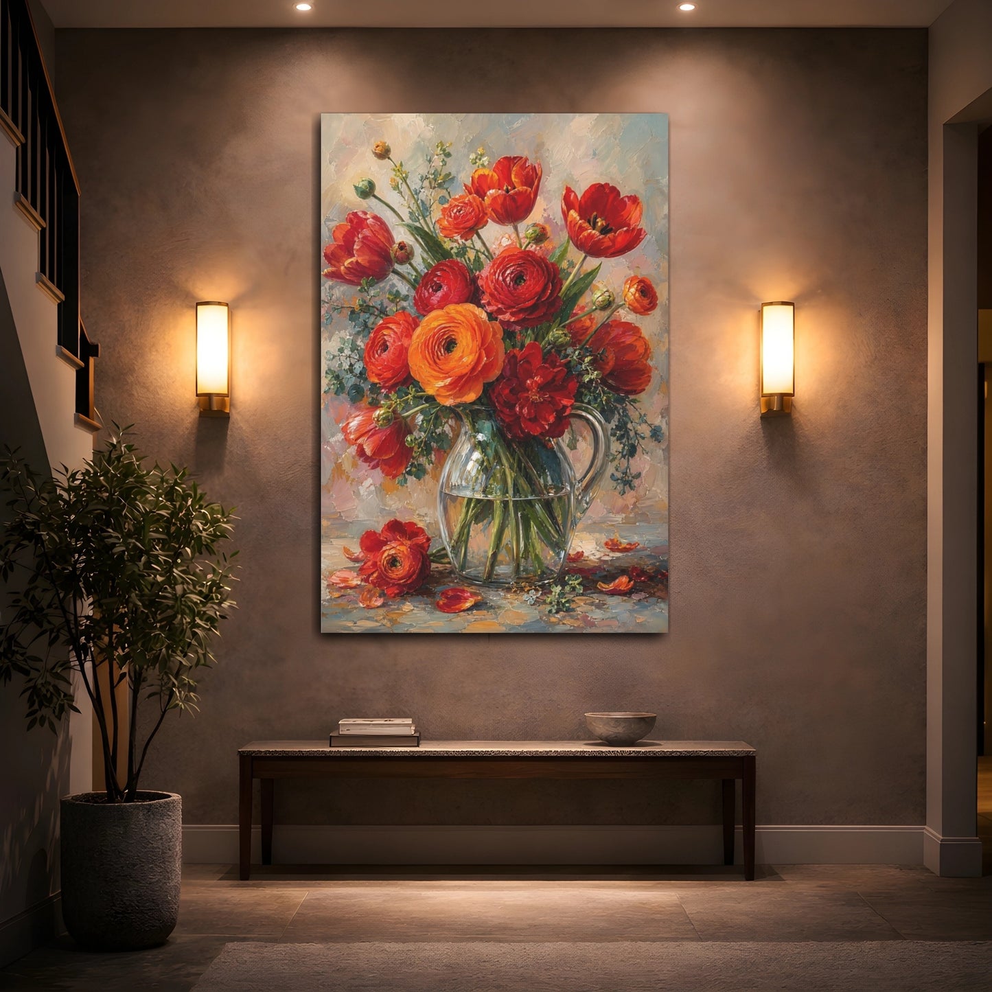 Mockup 2. Floral Flower Bouquet Red And Orange Flowers shown as stretched canvas wall art