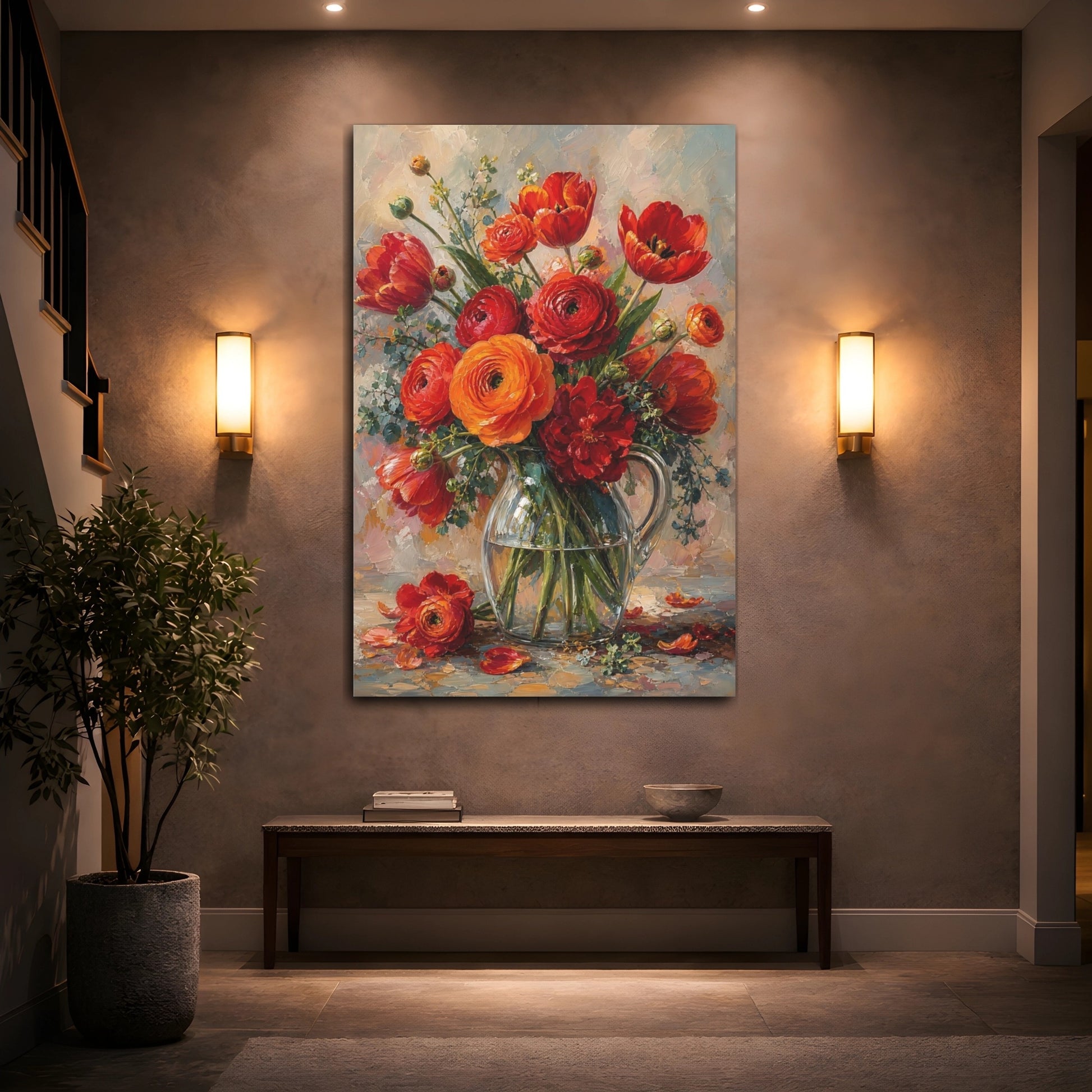 Mockup 2. Floral Flower Bouquet Red And Orange Flowers shown as stretched canvas wall art