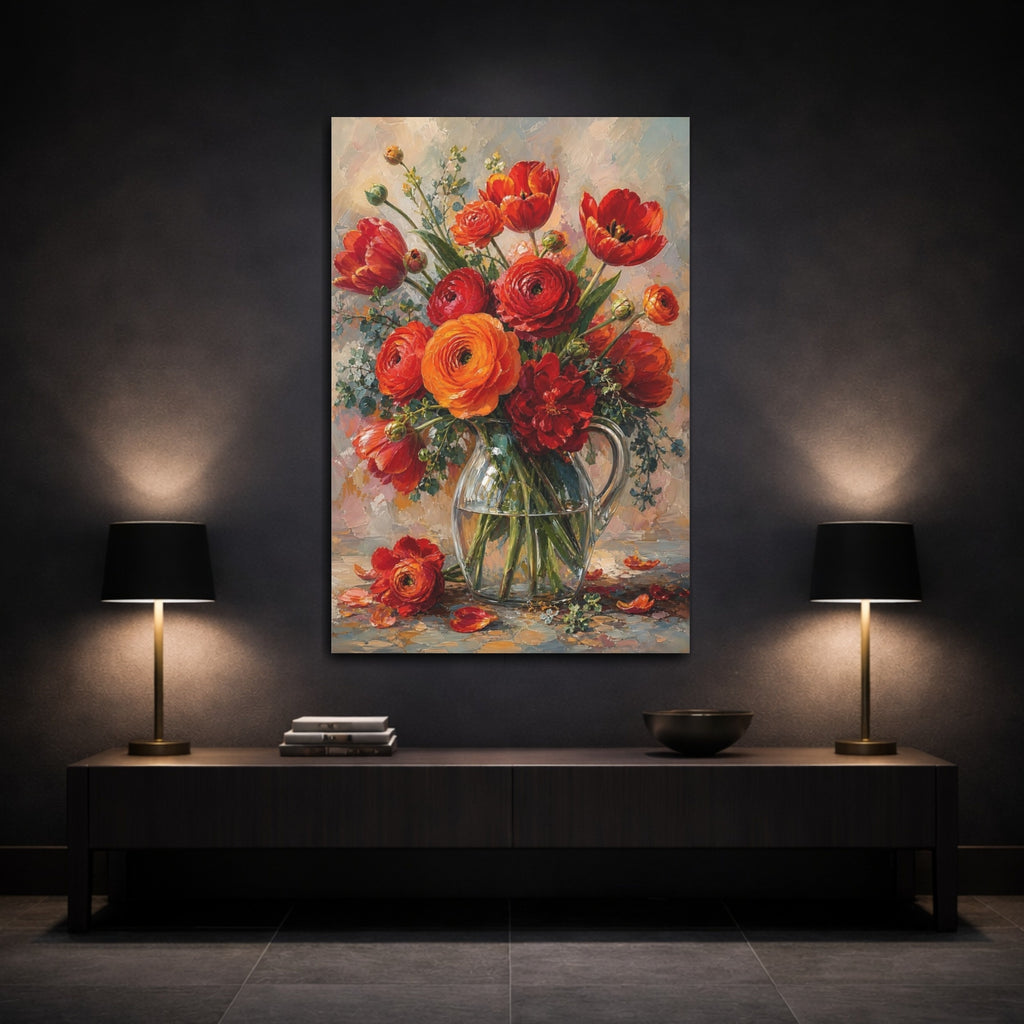 Mockup 3. Floral Flower Bouquet Red And Orange Flowers shown as stretched canvas wall art
