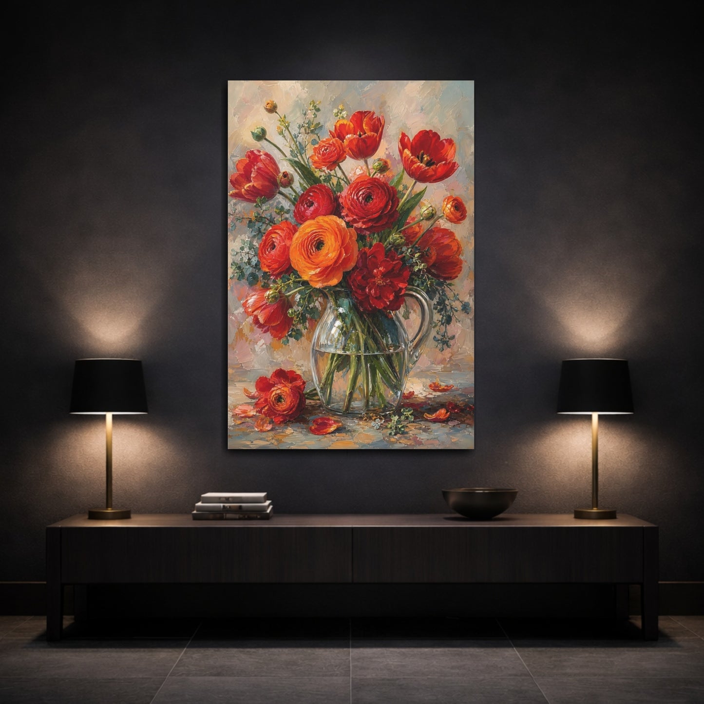 Mockup 3. Floral Flower Bouquet Red And Orange Flowers shown as stretched canvas wall art