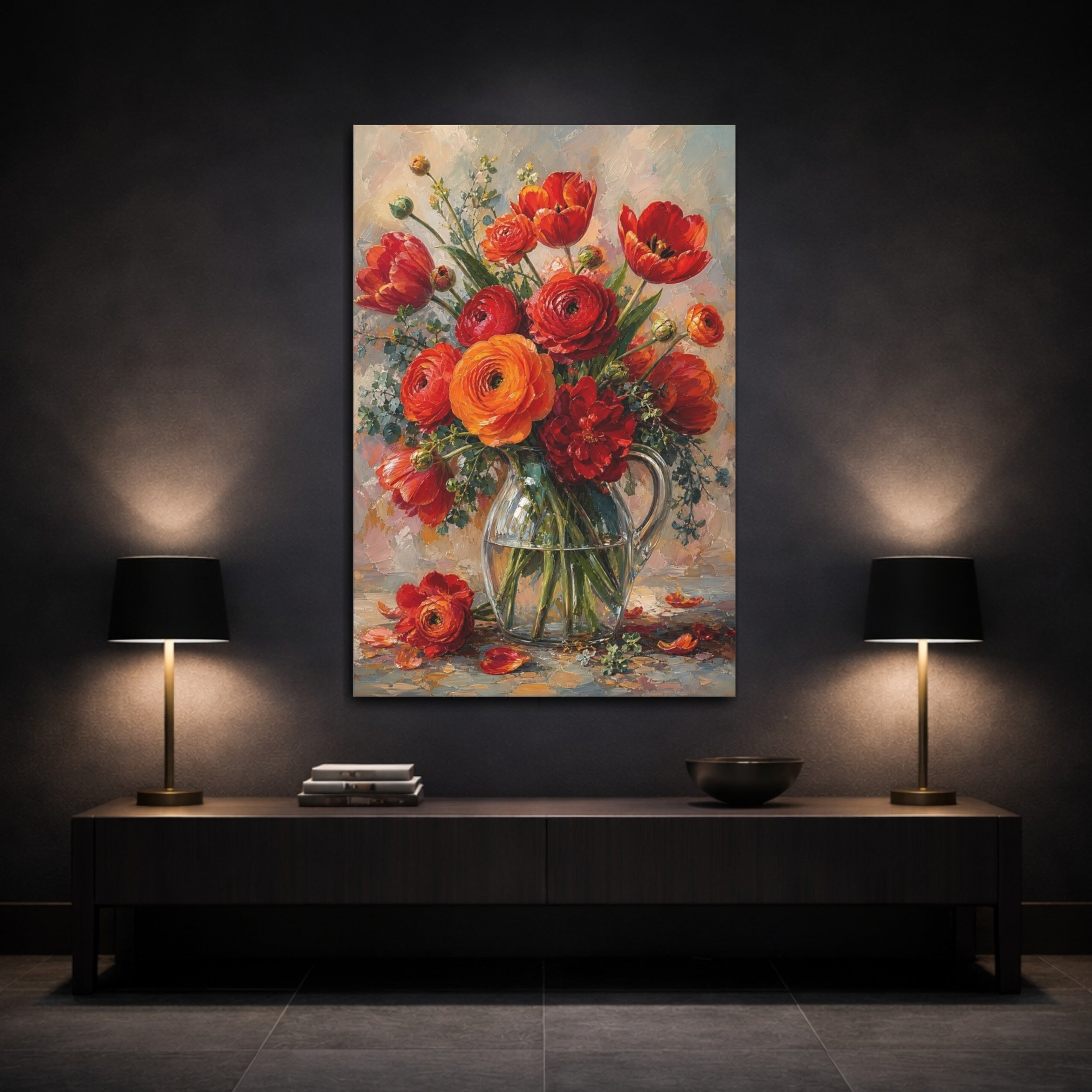 Mockup 3. Floral Flower Bouquet Red And Orange Flowers shown as stretched canvas wall art