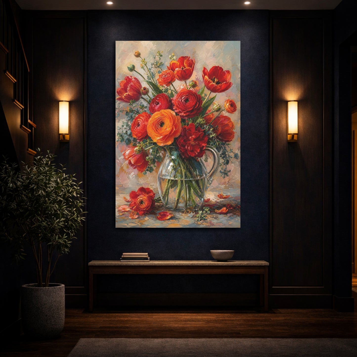 Mockup 4. Floral Flower Bouquet Red And Orange Flowers shown as stretched canvas wall art
