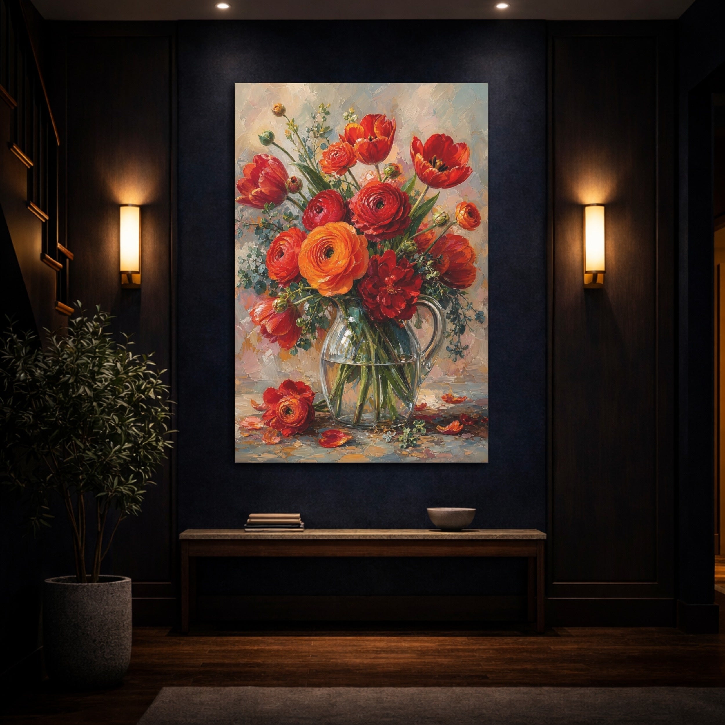 Mockup 4. Floral Flower Bouquet Red And Orange Flowers shown as stretched canvas wall art