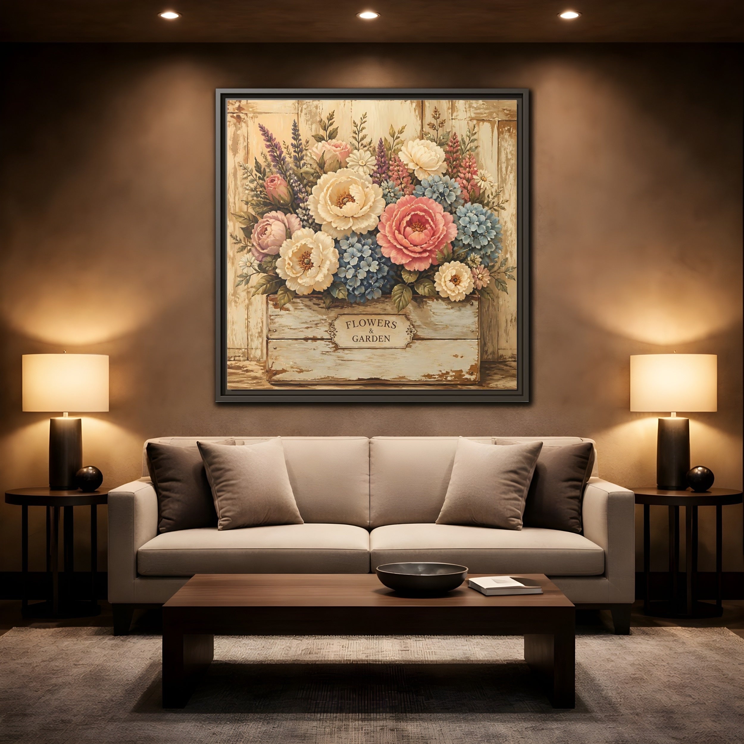 Mockup 2. Floral Flower Bouquet Shabby Chic Flowers shown as stretched canvas wall art
