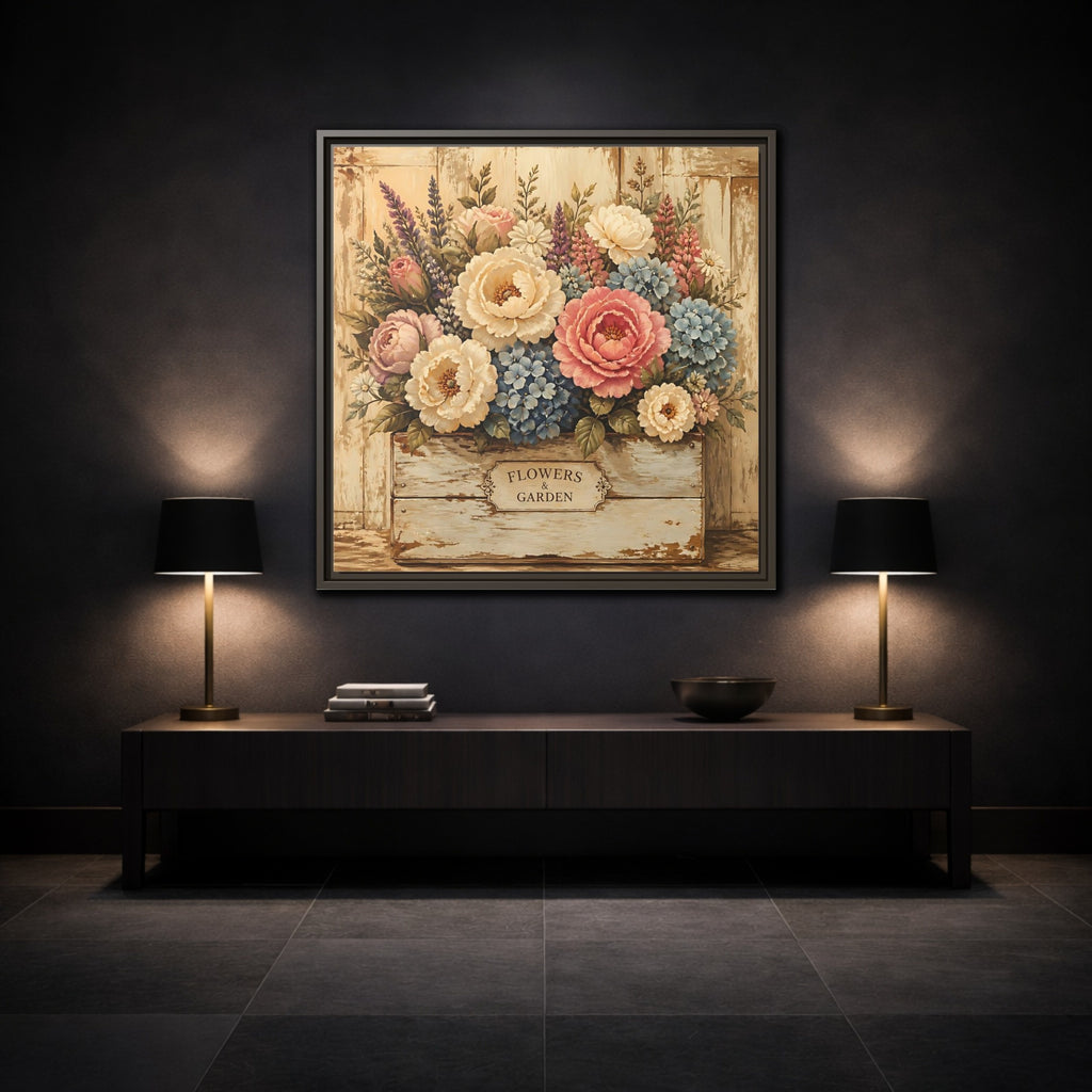 Mockup 3. Floral Flower Bouquet Shabby Chic Flowers shown as stretched canvas wall art