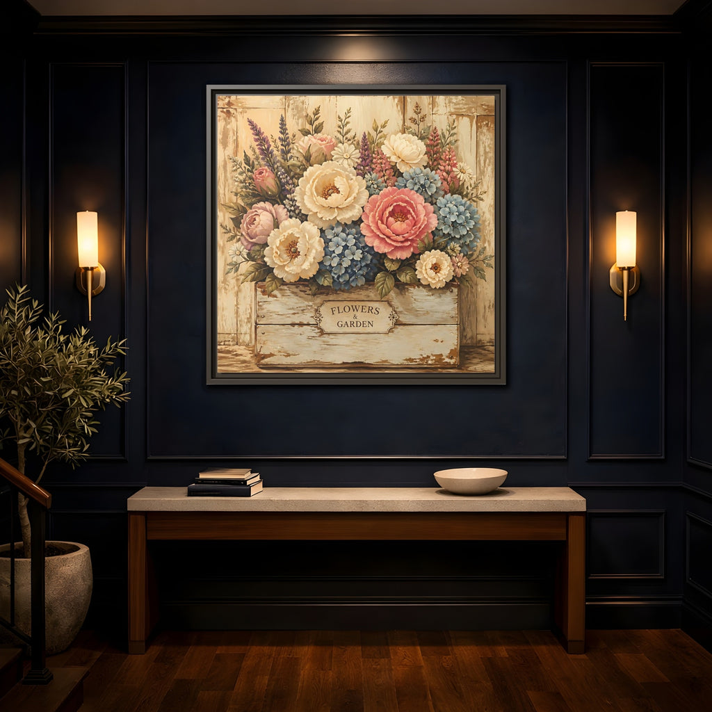 Mockup 4. Floral Flower Bouquet Shabby Chic Flowers shown as stretched canvas wall art