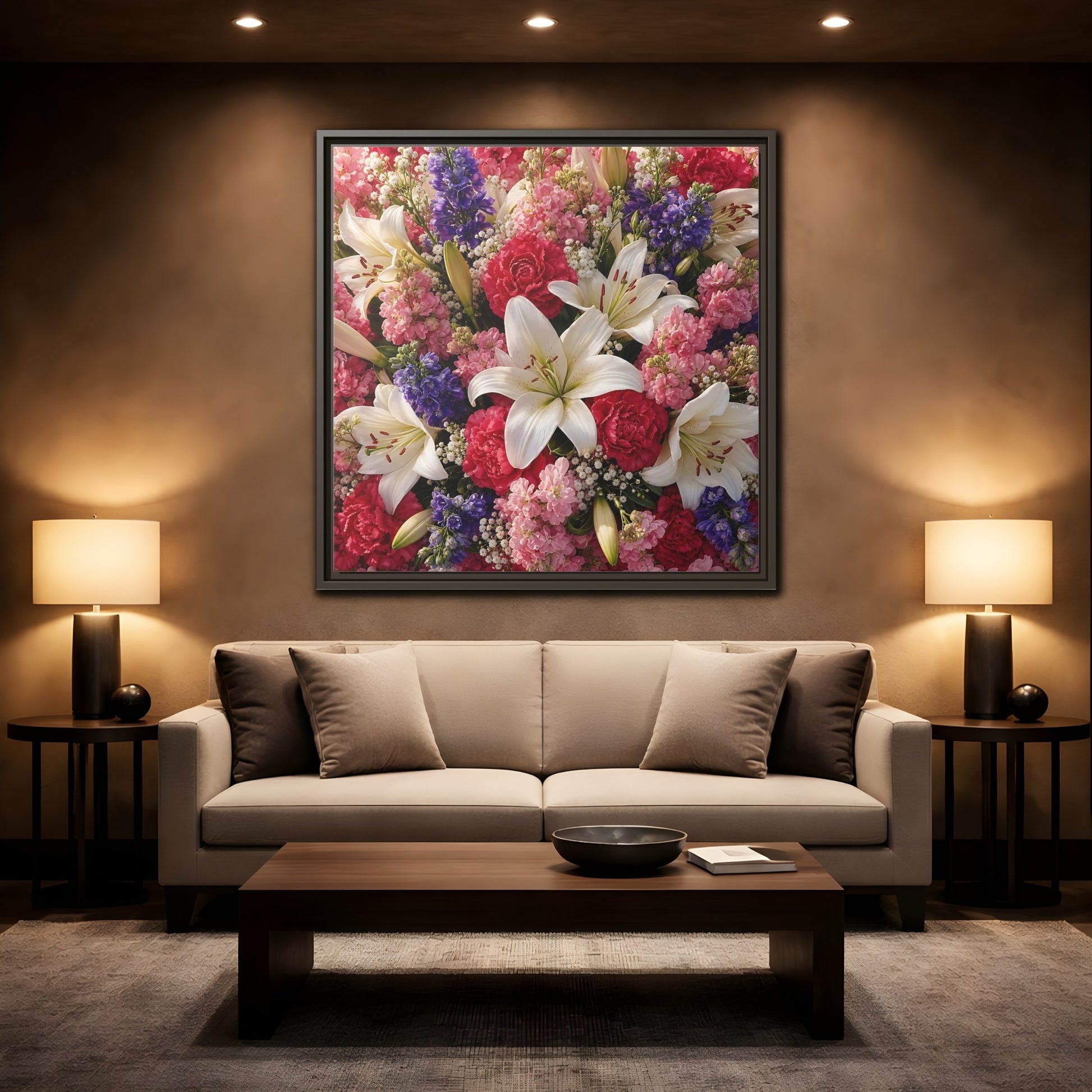 Mockup 2. Floral Flower Bouquet Vibrant Floral Bouquet shown as stretched canvas wall art