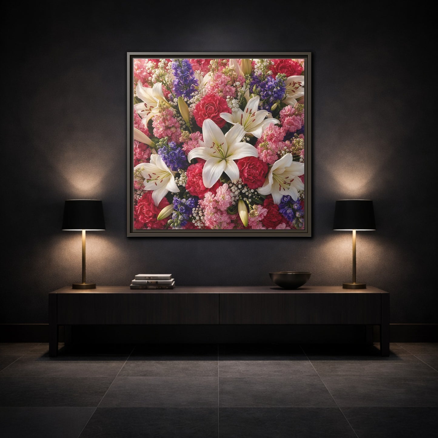 Mockup 3. Floral Flower Bouquet Vibrant Floral Bouquet shown as stretched canvas wall art