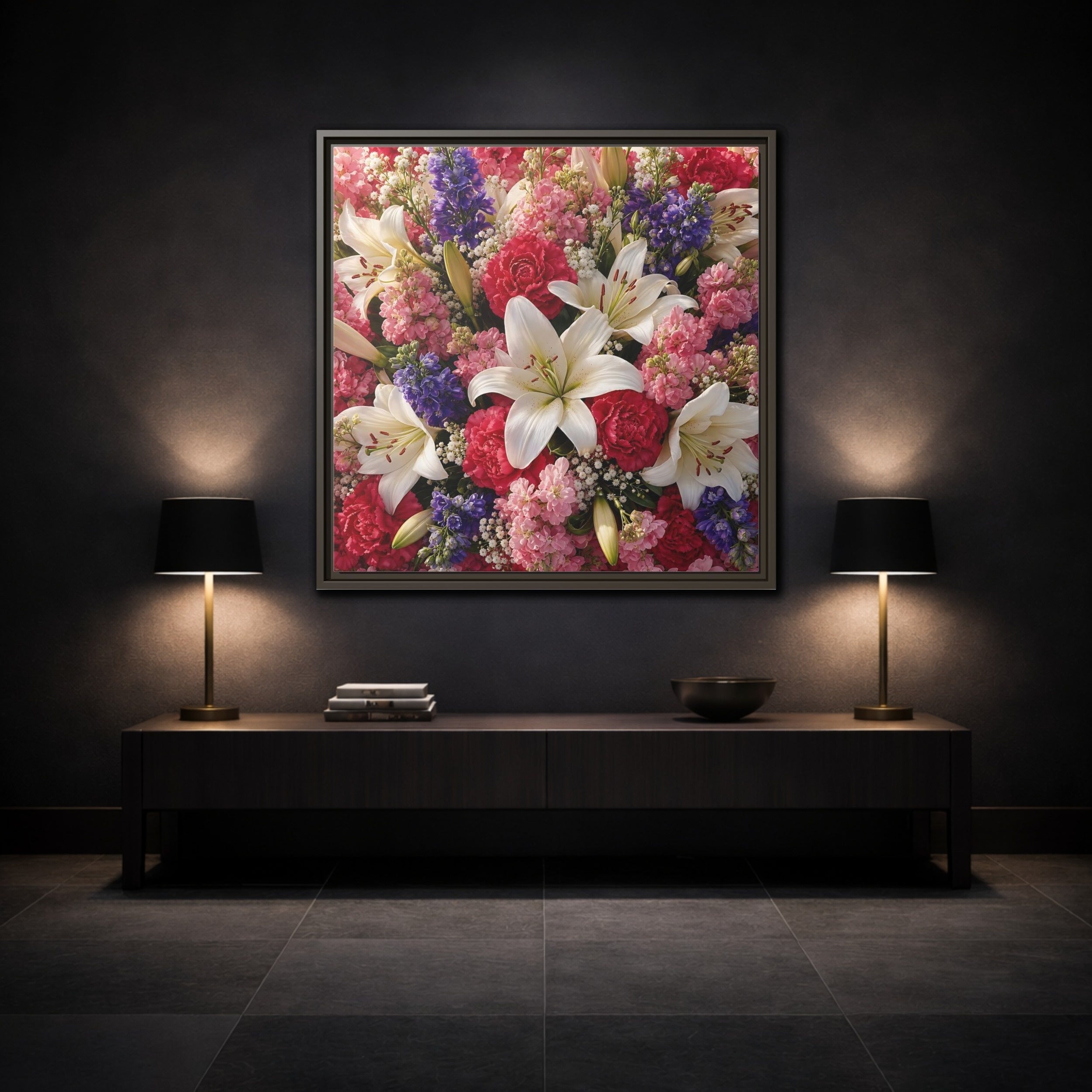 Mockup 3. Floral Flower Bouquet Vibrant Floral Bouquet shown as stretched canvas wall art