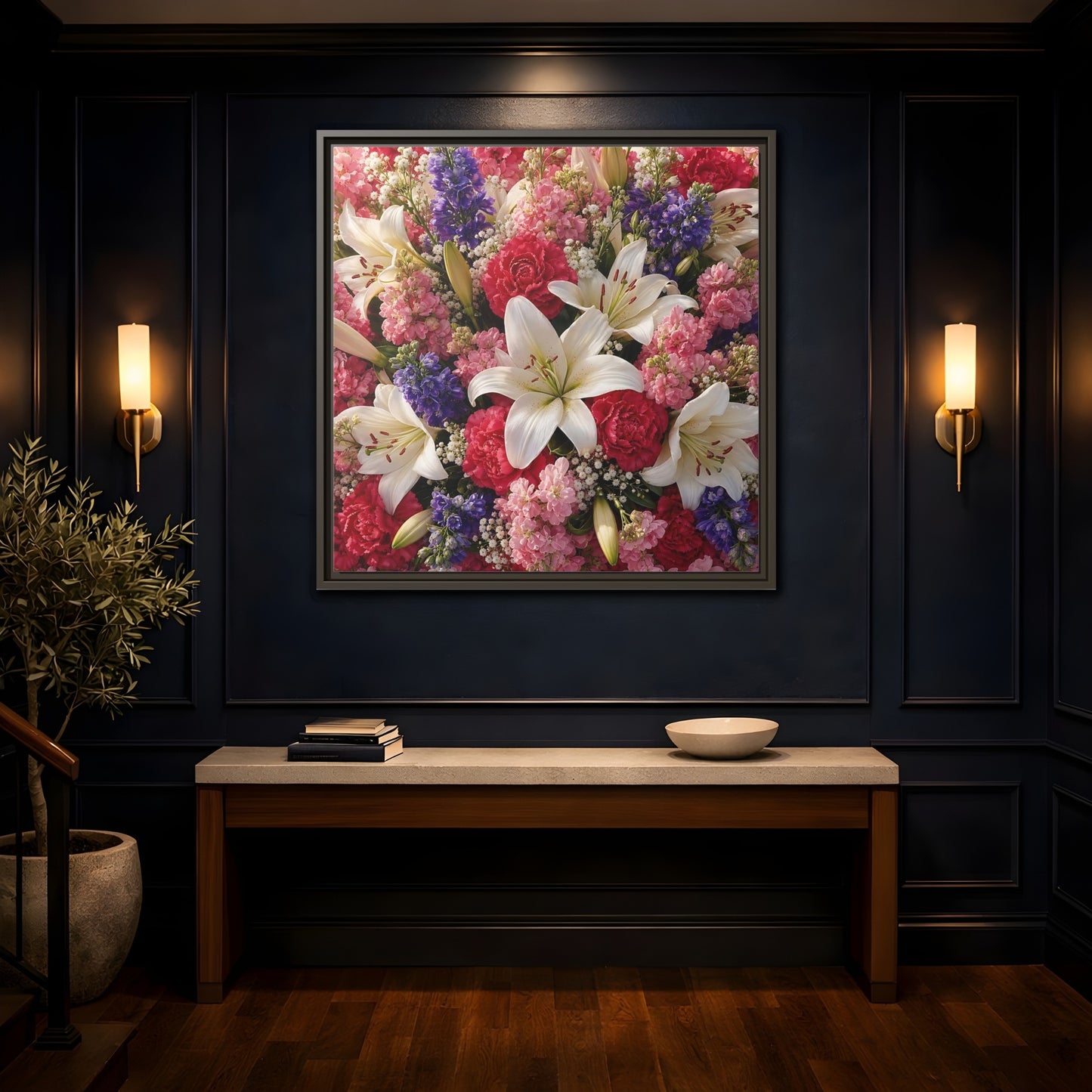 Mockup 4. Floral Flower Bouquet Vibrant Floral Bouquet shown as stretched canvas wall art