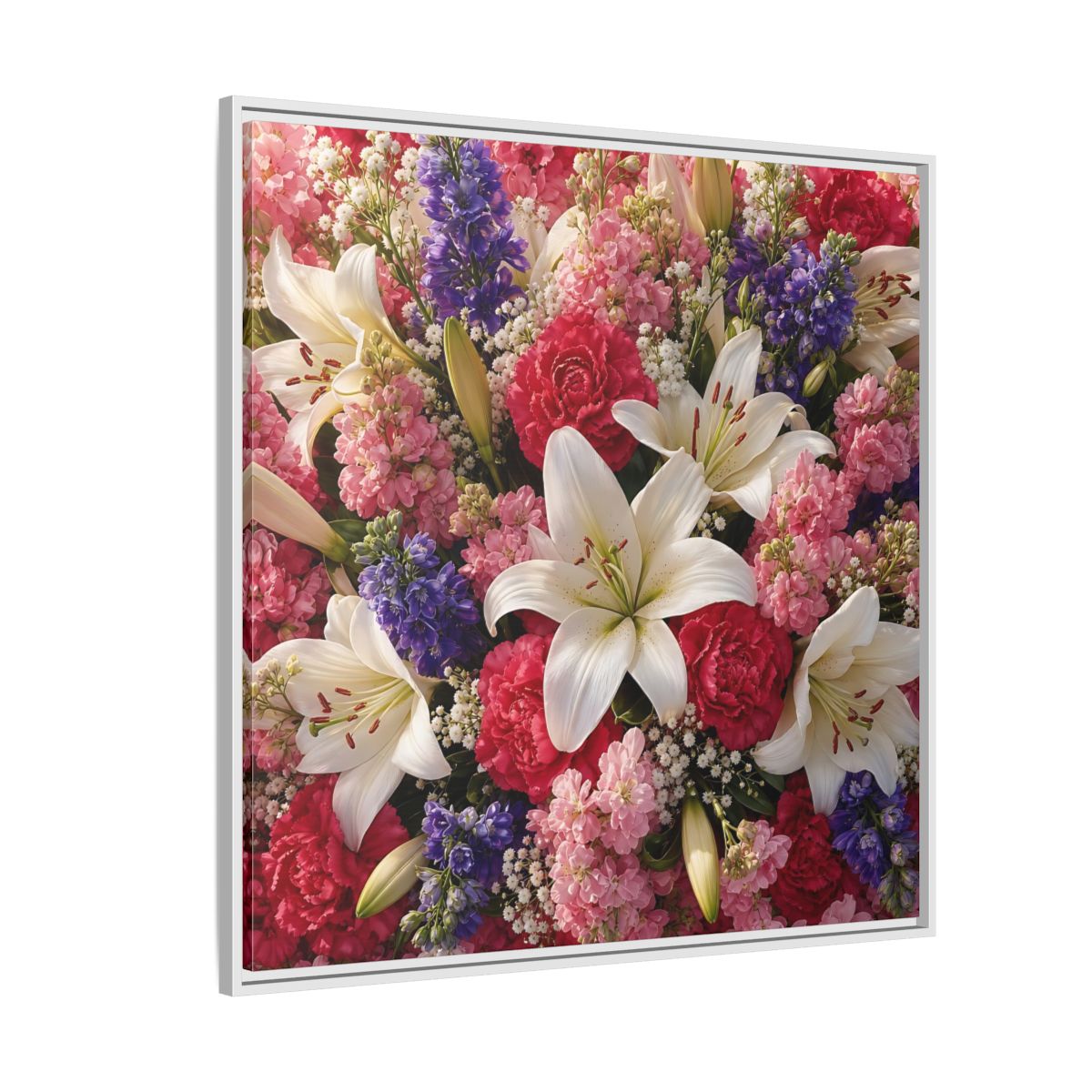 Side Mockup 4. Floral Flower Bouquet Vibrant Floral Bouquet shown as stretched canvas wall art