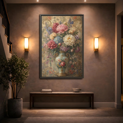 Floral Flower Bouquet Vintage Art Framed Canvas Wall Print Framed Canvas Wall Art - Living Room, Above Sofa shown as canvas wall art