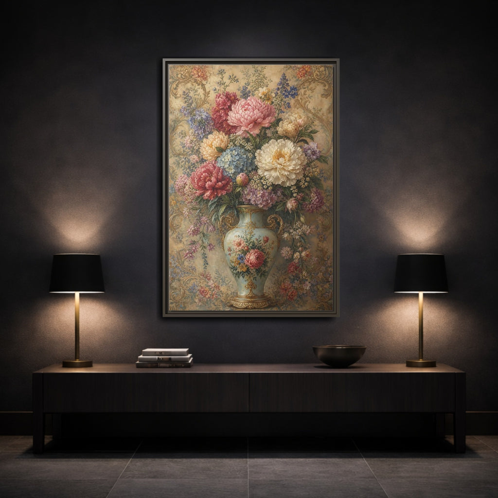 Mockup 3. Floral Flower Bouquet Vintage Floral Art shown as stretched canvas wall art