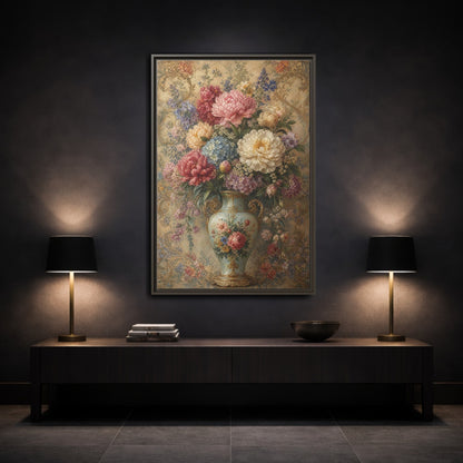 Floral Flower Bouquet Vintage Art Framed Canvas Wall Print Framed Canvas Wall Art - Living Room, Above Sofa shown as canvas wall art