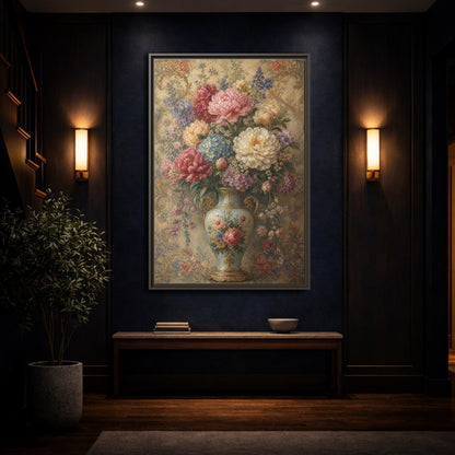 Floral Flower Bouquet Vintage Art Framed Canvas Wall Print Framed Canvas Wall Art - Living Room, Above Sofa shown as canvas wall art