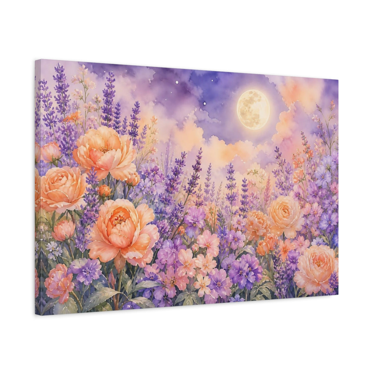 Side Mockup 2. Floral Flower Garden Lavender Peach Floral shown as stretched canvas wall art