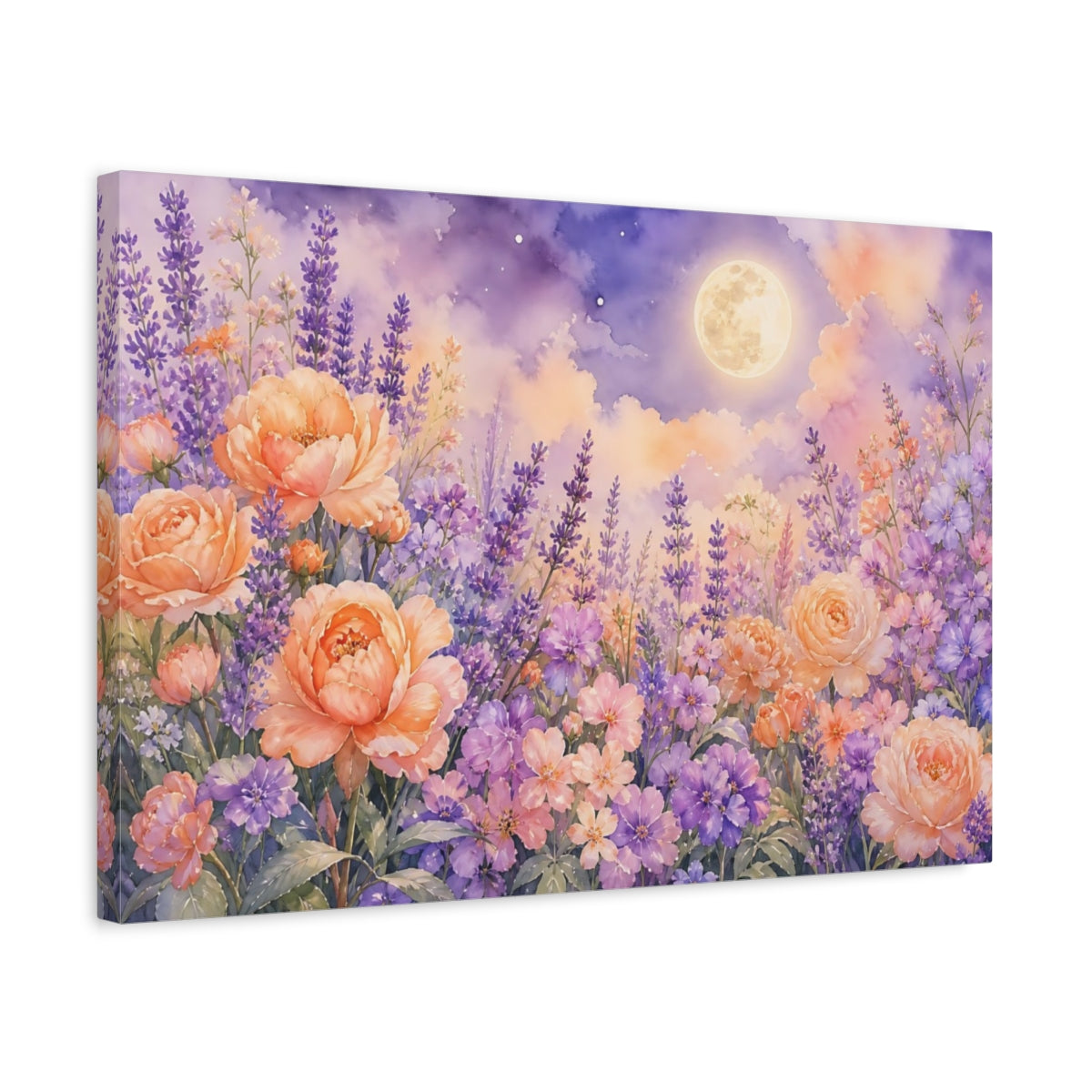 Side Mockup 3. Floral Flower Garden Lavender Peach Floral shown as stretched canvas wall art