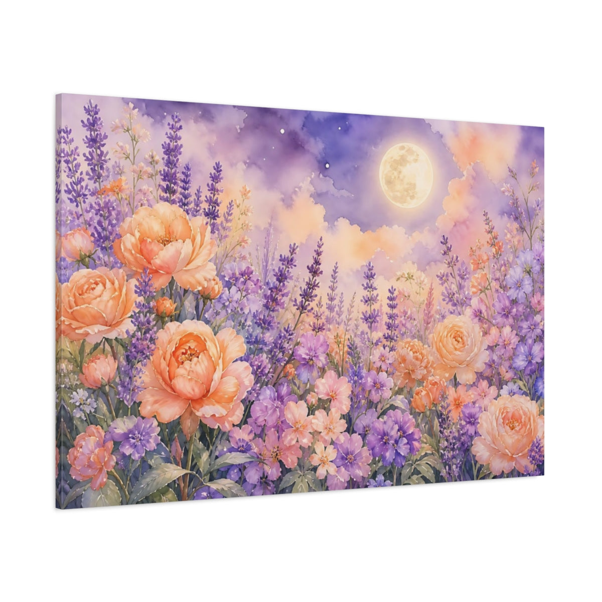 Side Mockup 1. Floral Flower Garden Lavender Peach Floral shown as stretched canvas wall art
