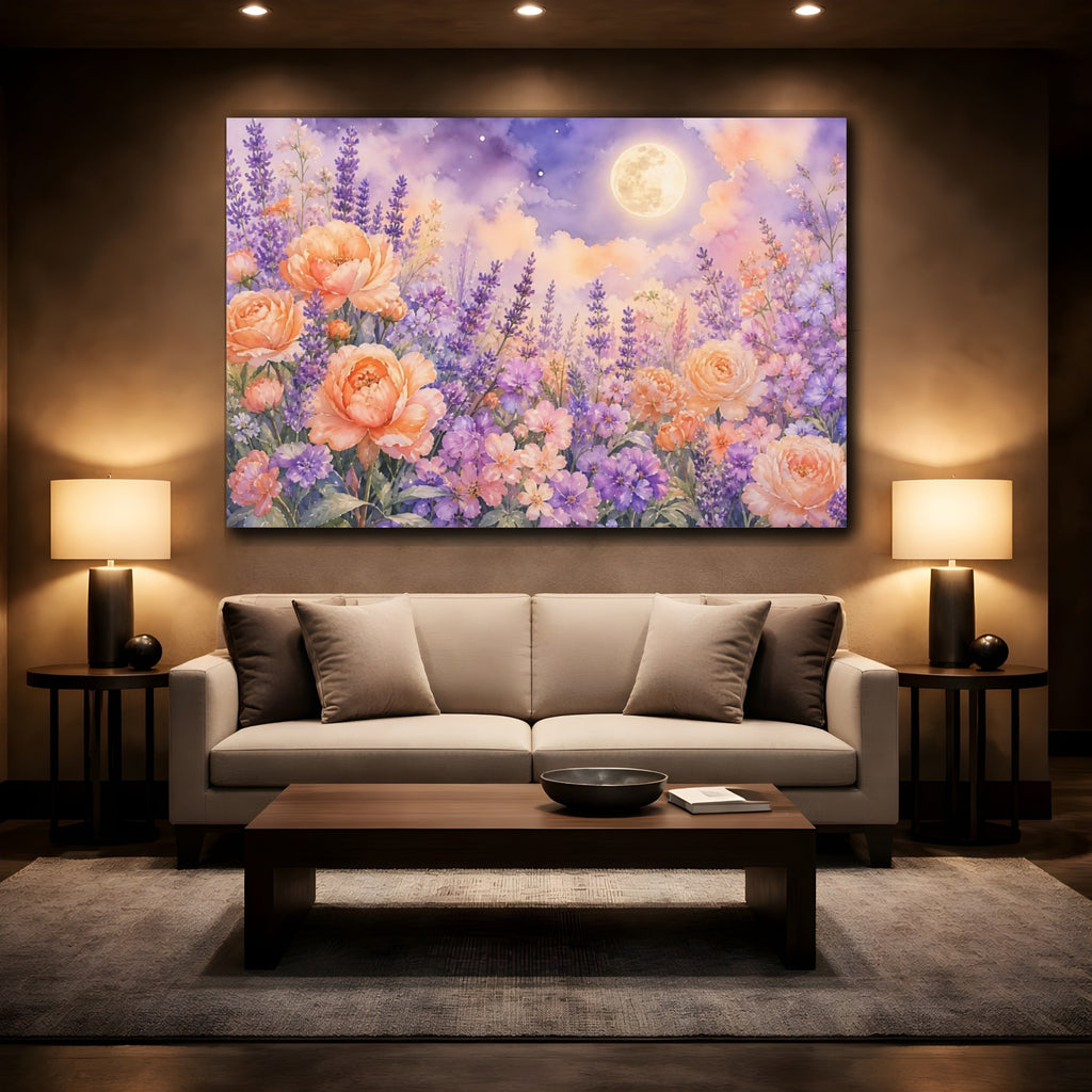 Mockup 2. Floral Flower Garden Lavender Peach Floral shown as stretched canvas wall art