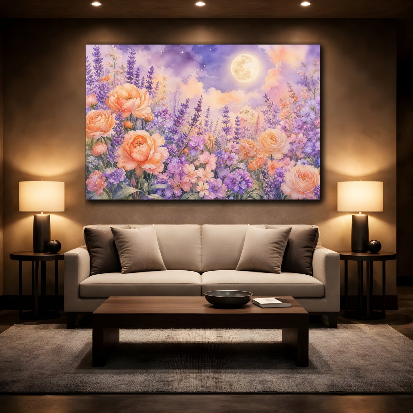 Mockup 2. Floral Flower Garden Lavender Peach Floral shown as stretched canvas wall art