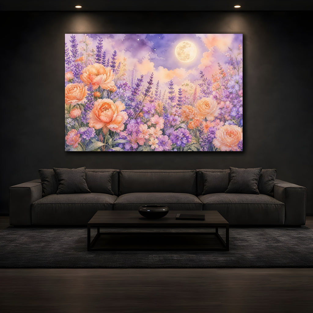 Mockup 3. Floral Flower Garden Lavender Peach Floral shown as stretched canvas wall art