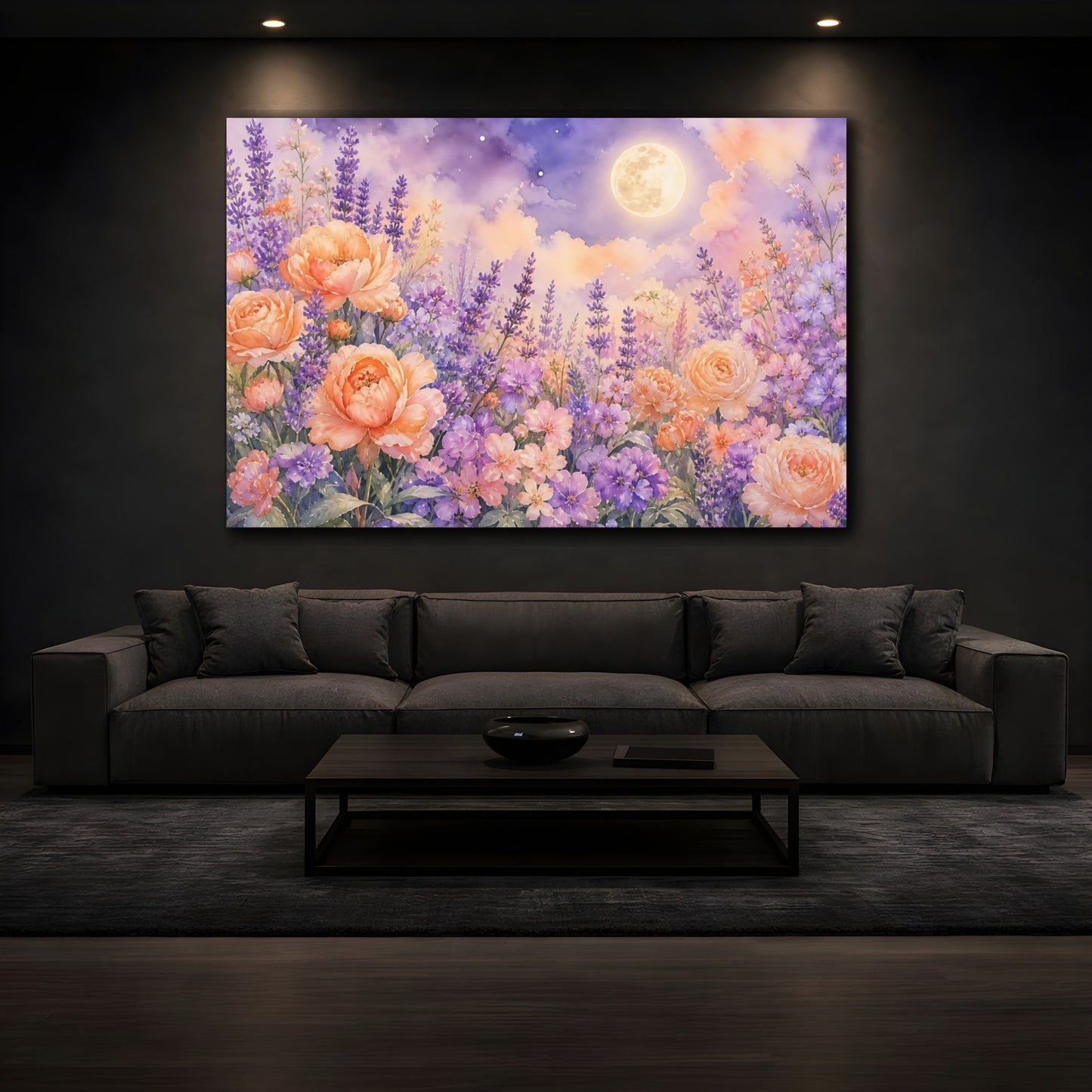 Mockup 3. Floral Flower Garden Lavender Peach Floral shown as stretched canvas wall art