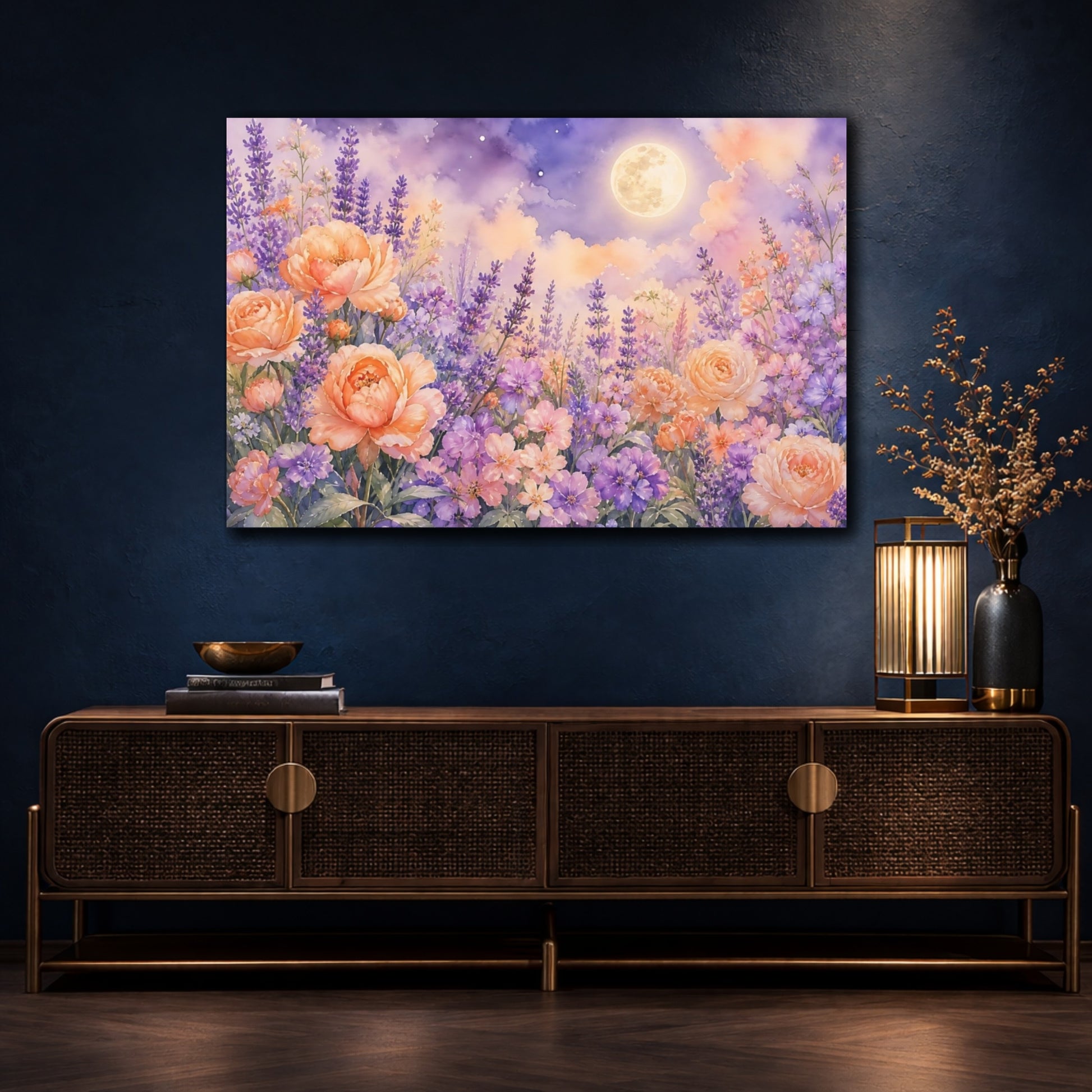Mockup 4. Floral Flower Garden Lavender Peach Floral shown as stretched canvas wall art