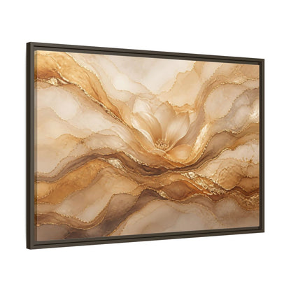 Main Mockup. Floral Flower Gold And Beige Abstract shown as stretched canvas wall art