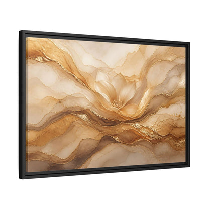 Side Mockup 14. Floral Flower Gold And Beige Abstract shown as stretched canvas wall art