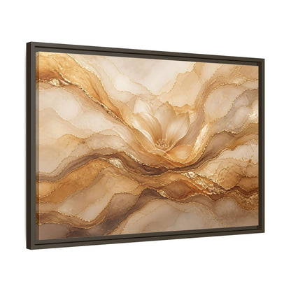 Side Mockup 11. Floral Flower Gold And Beige Abstract shown as stretched canvas wall art