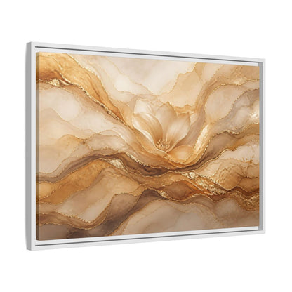 Side Mockup 10. Floral Flower Gold And Beige Abstract shown as stretched canvas wall art