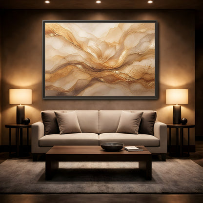Mockup 2. Floral Flower Gold And Beige Abstract shown as stretched canvas wall art
