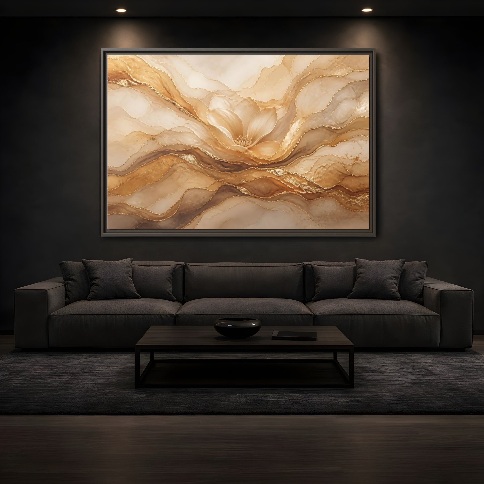 Mockup 3. Floral Flower Gold And Beige Abstract shown as stretched canvas wall art