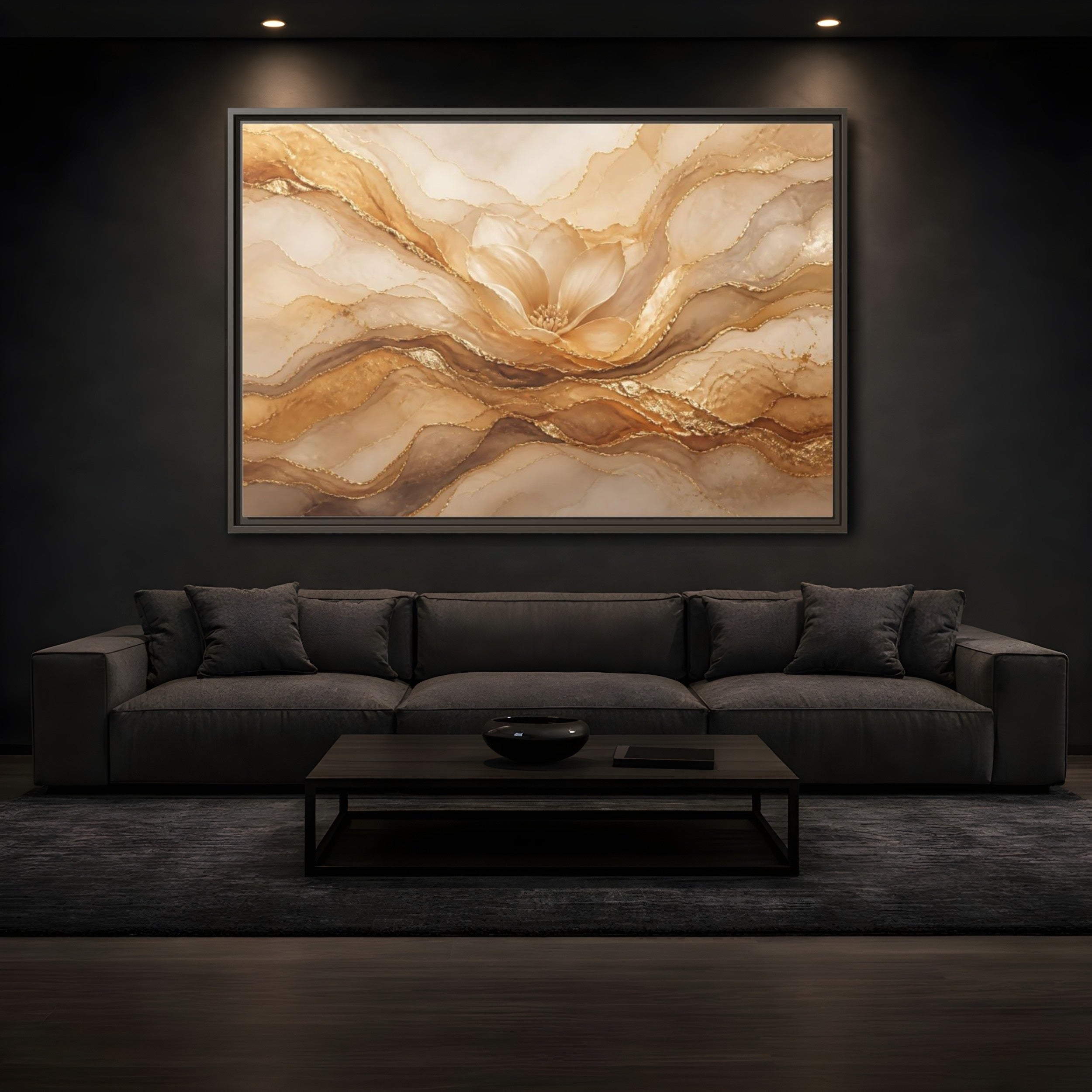 Mockup 3. Floral Flower Gold And Beige Abstract shown as stretched canvas wall art