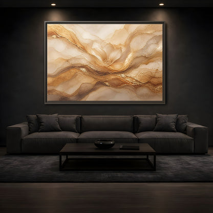 Mockup 3. Floral Flower Gold And Beige Abstract shown as stretched canvas wall art