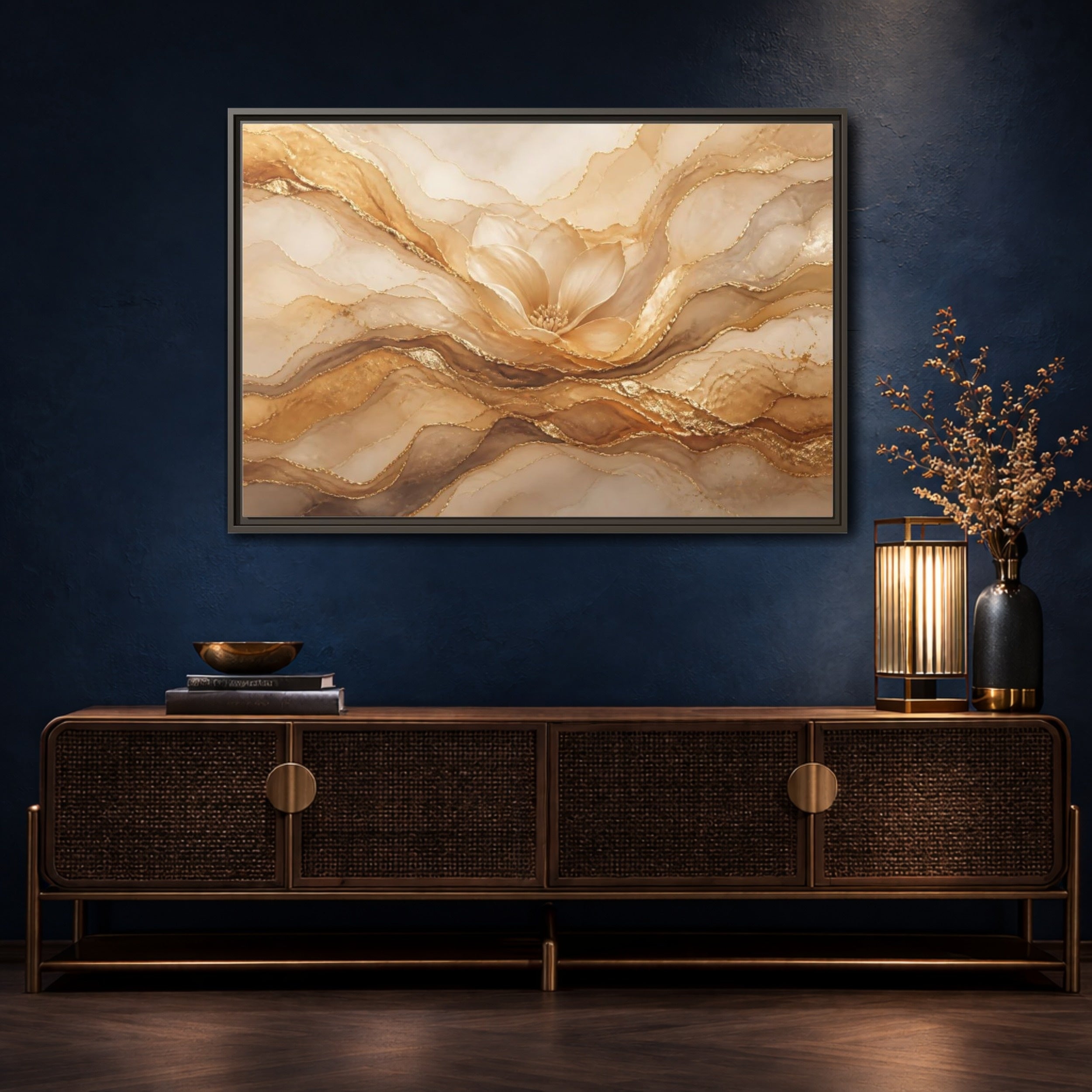 Mockup 4. Floral Flower Gold And Beige Abstract shown as stretched canvas wall art