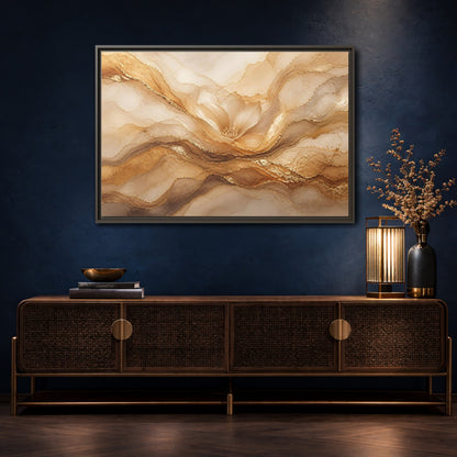 Mockup 4. Floral Flower Gold And Beige Abstract shown as stretched canvas wall art