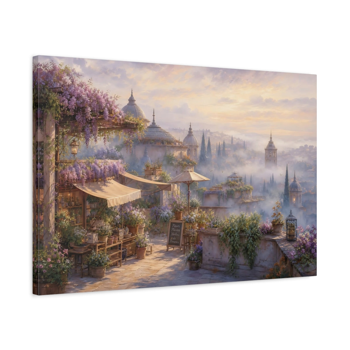 Side Mockup 2. Floral Flower Market Lavender Market shown as stretched canvas wall art