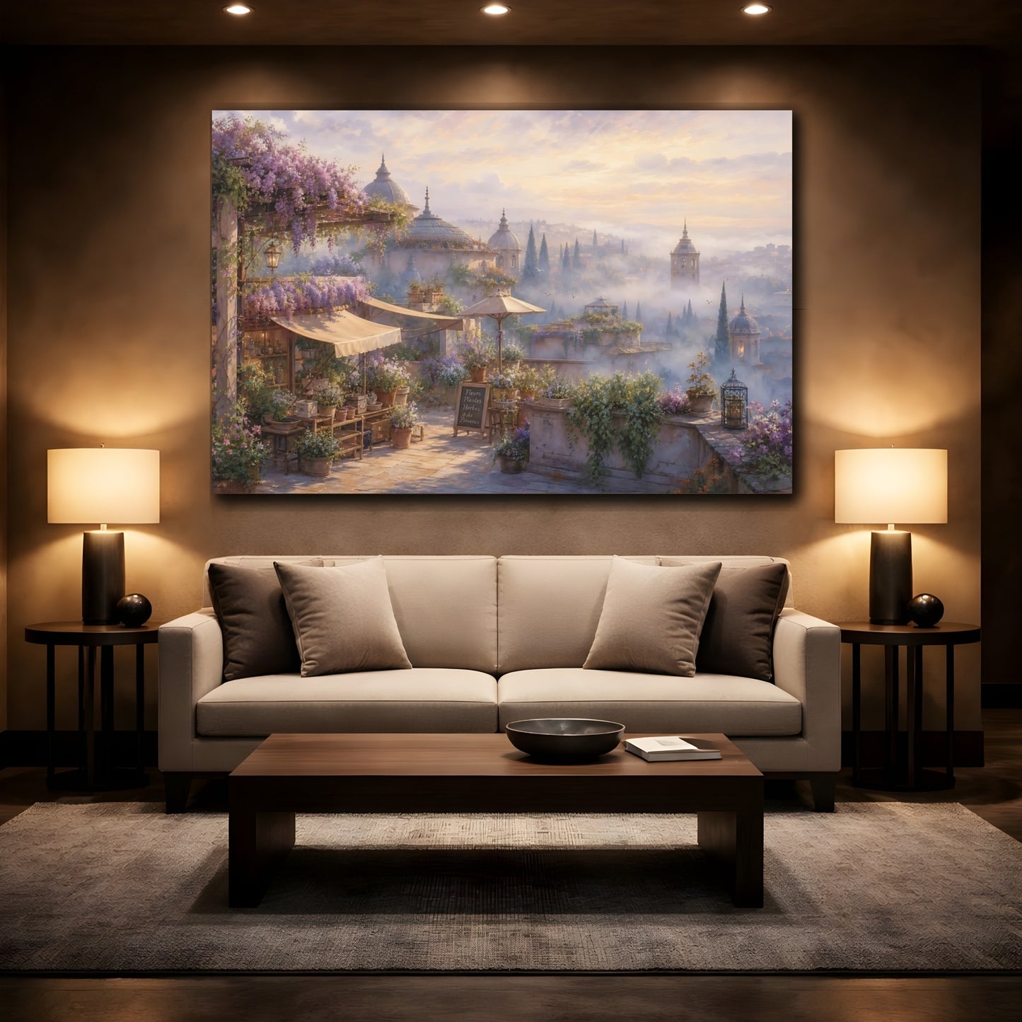 Mockup 2. Floral Flower Market Lavender Market shown as stretched canvas wall art