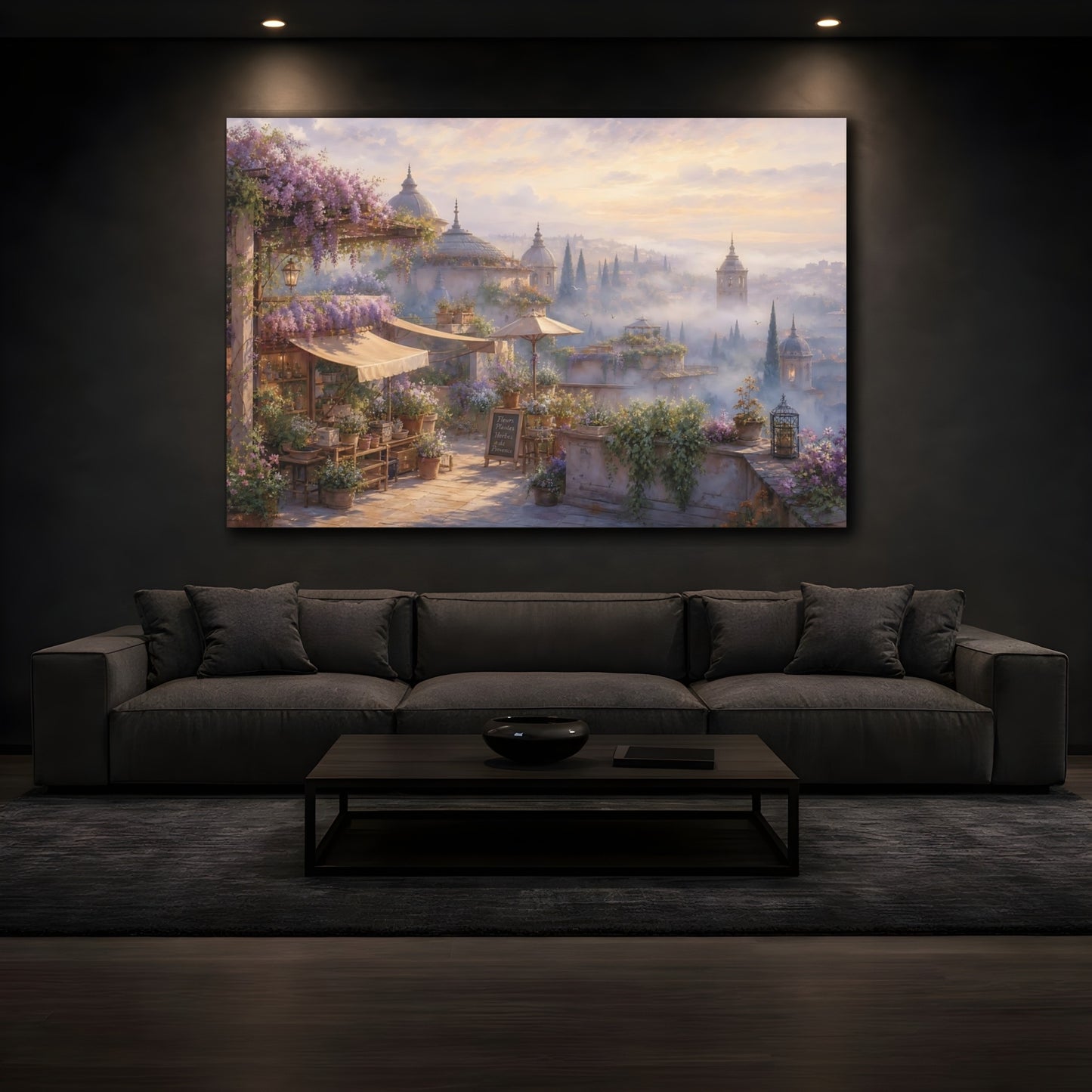 Mockup 3. Floral Flower Market Lavender Market shown as stretched canvas wall art