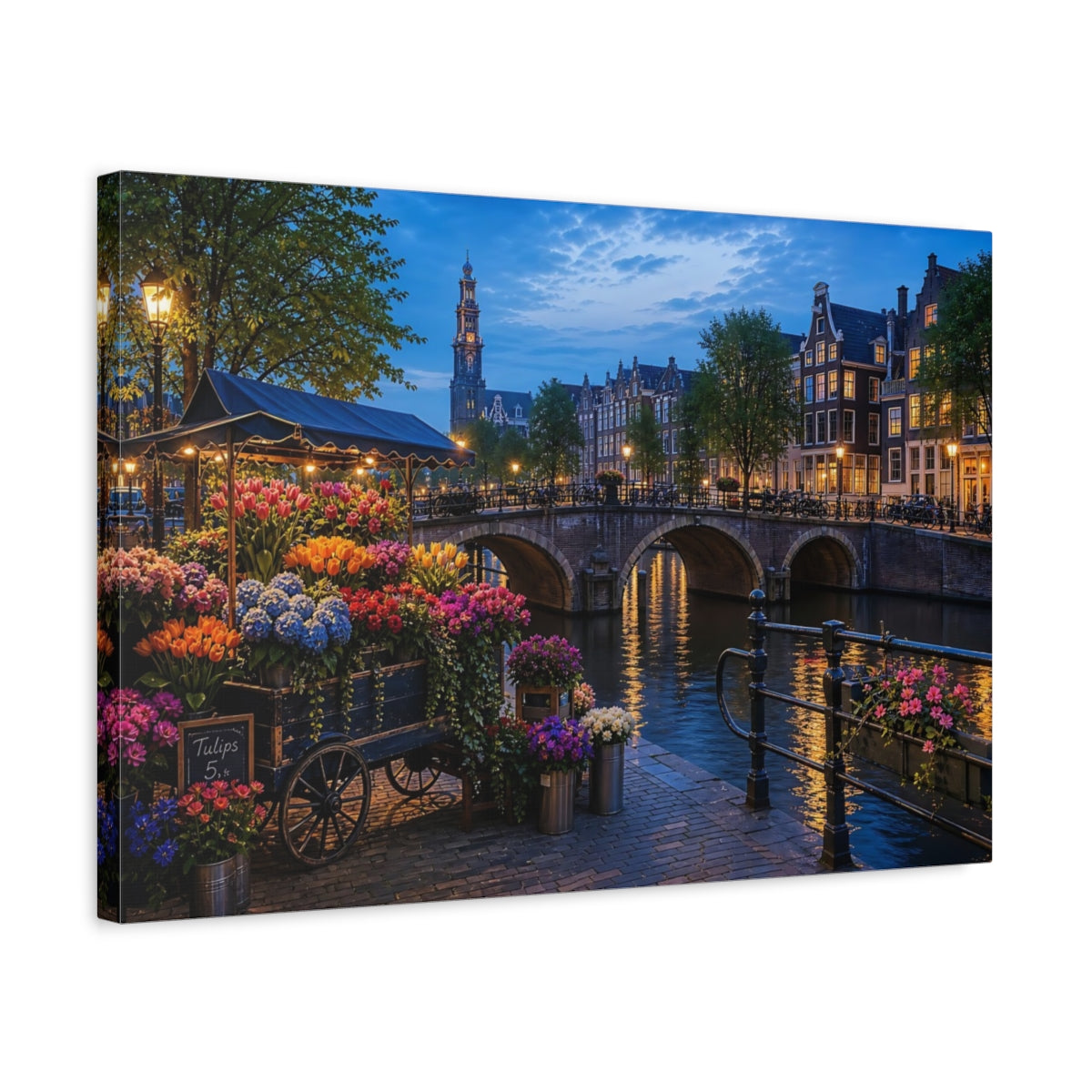 Side Mockup 3. Floral Flower Market Vibrant Amsterdam shown as stretched canvas wall art