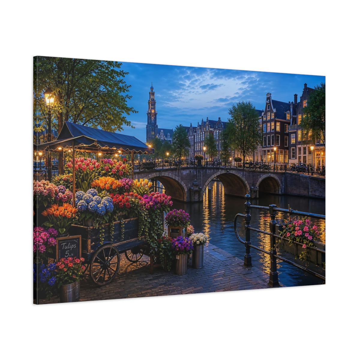 Side Mockup 1. Floral Flower Market Vibrant Amsterdam shown as stretched canvas wall art