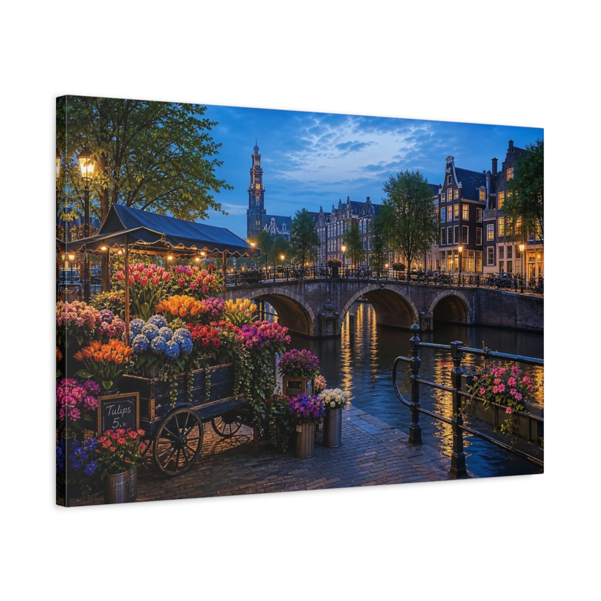 Side Mockup 2. Floral Flower Market Vibrant Amsterdam shown as stretched canvas wall art